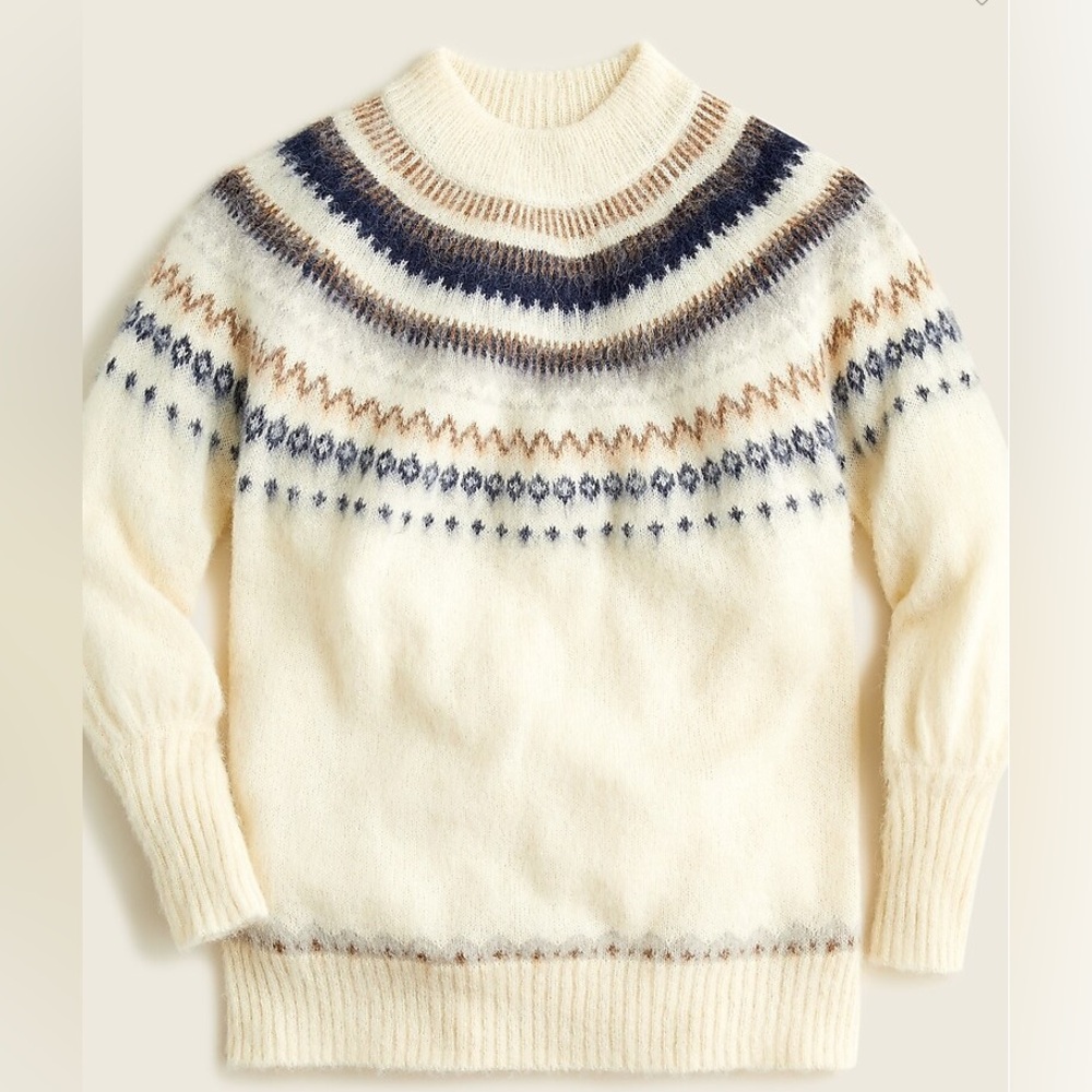 NWOT J. Crew Fair Isle Yolk puff sleeve cream and navy sweater sz sm